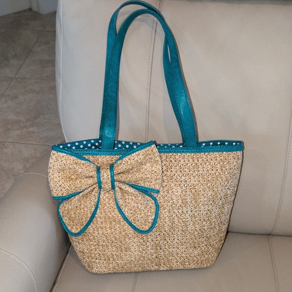 Elegant Teal and Tan Tote Bag with Bow Accent